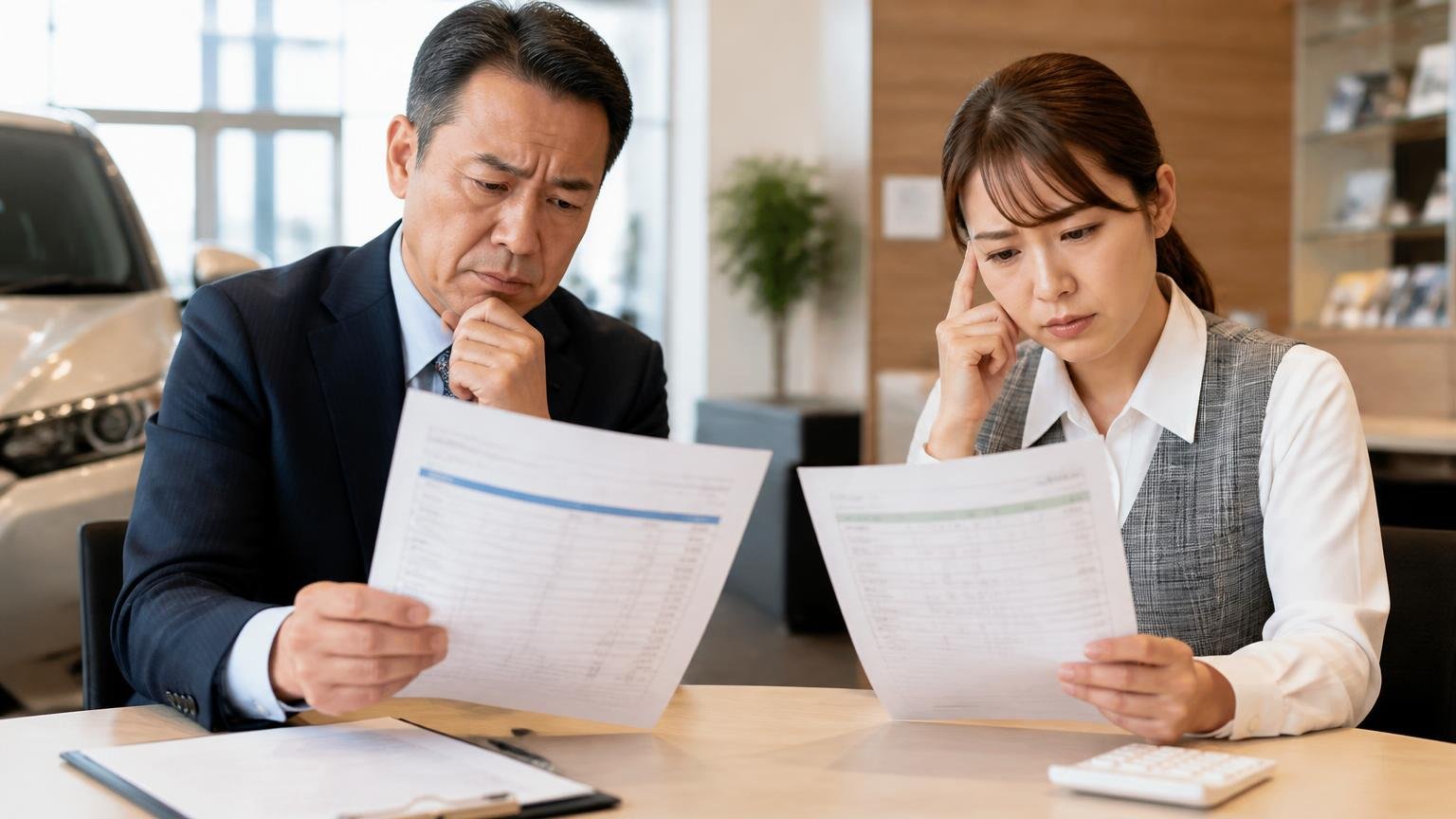 ディーラー下取り・一括査定との使い分け、ディーラーの商談席で下取り額と買取業者の見積書を見比べる社長と事務員の2人、悩む