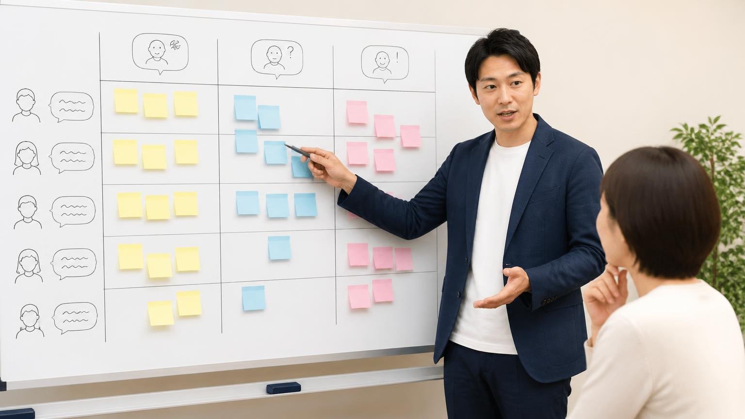 悪評は"会社の体質"か"確認不足"か|切り分け方 事務所のホワイトボードに表を書き、口コミを分類して説明する男性と聞き入る女性