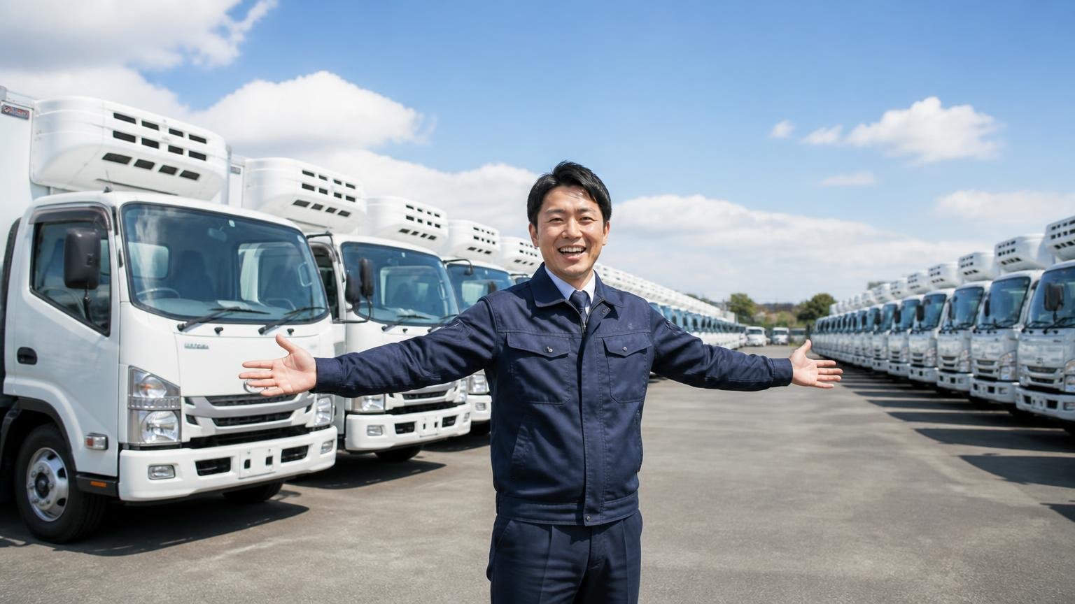 在庫表示78件のうち27件が冷凍車:得意ジャンルが見える、冷凍車がずらりと並ぶ屋外展示場、スタッフ1人、両手を広げて案内する