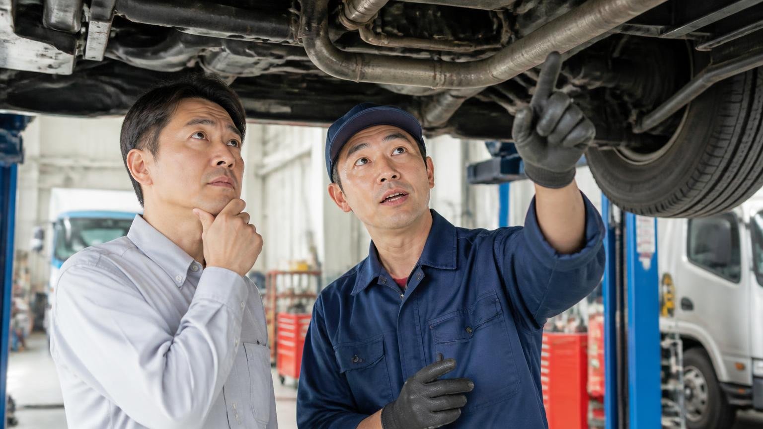 点検の説明に少し違和感を覚えつつも納得する場面を整備工場のピットでトラックの下回りを一緒に見上げる客と整備士の2人で表現