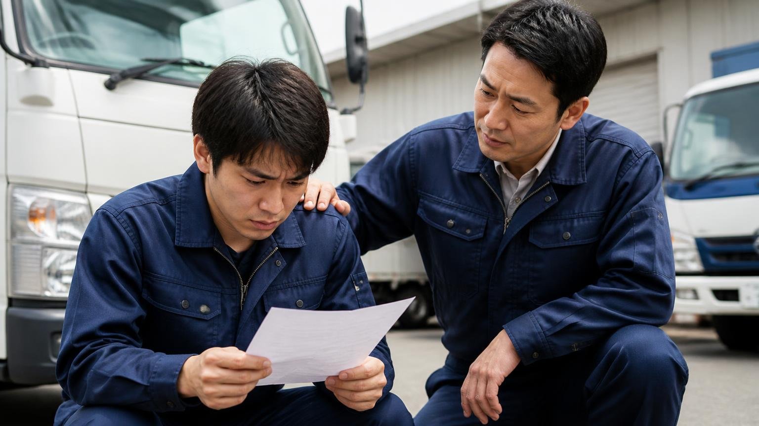 対応の丁寧さだけで決めて損をする例、営業所の車庫で査定額の紙を手にうつむく若い男性ドライバー1人と背中に手を置く先輩の男性1人