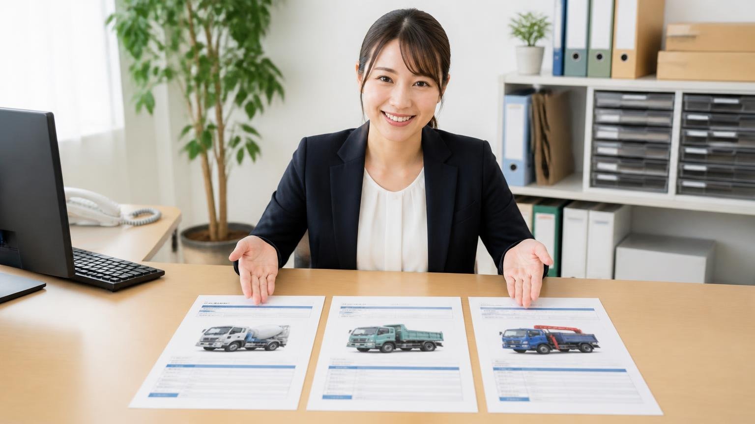 中央特車の査定額が妥当か確かめたい人が、比較相手に選んでいる全国対応の買取業者3選 事務所で3枚の見積書を並べる事務員1人が前向きな表情