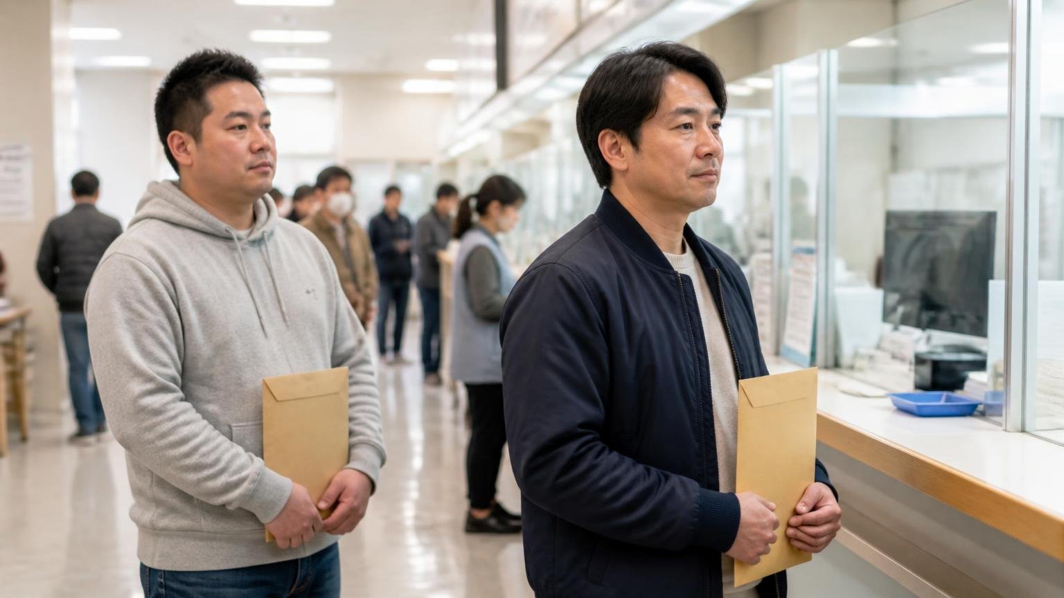 名義変更は道内7つの運輸支局で行われる 運輸支局の窓口前で書類の封筒を持ち順番を待つ男性2人 落ち着いた表情