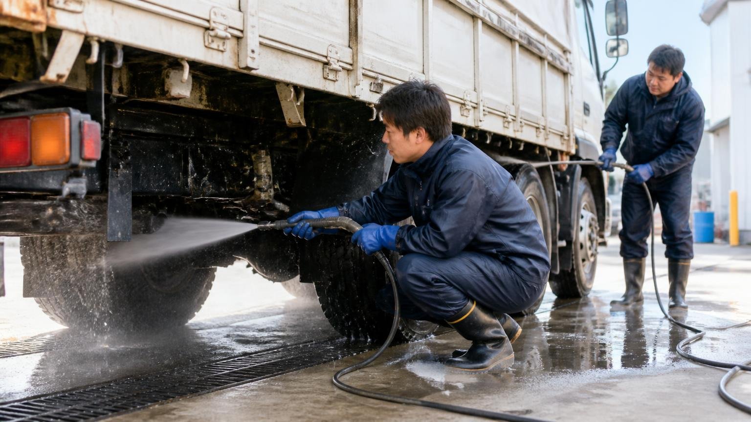 売る前にやっておきたい3つの準備 洗車場で高圧洗浄機を使い、トラックの下回りの泥と融雪剤を落とす作業着の男性2人