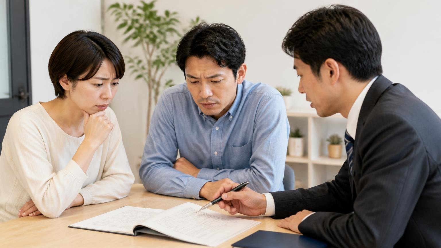 契約前に「支払い方法」と「引き渡し後の減額・キャンセル」の条件を確かめる｜事務所で契約書を読み込む夫婦と、ペンを持ち説明する査定員の3人