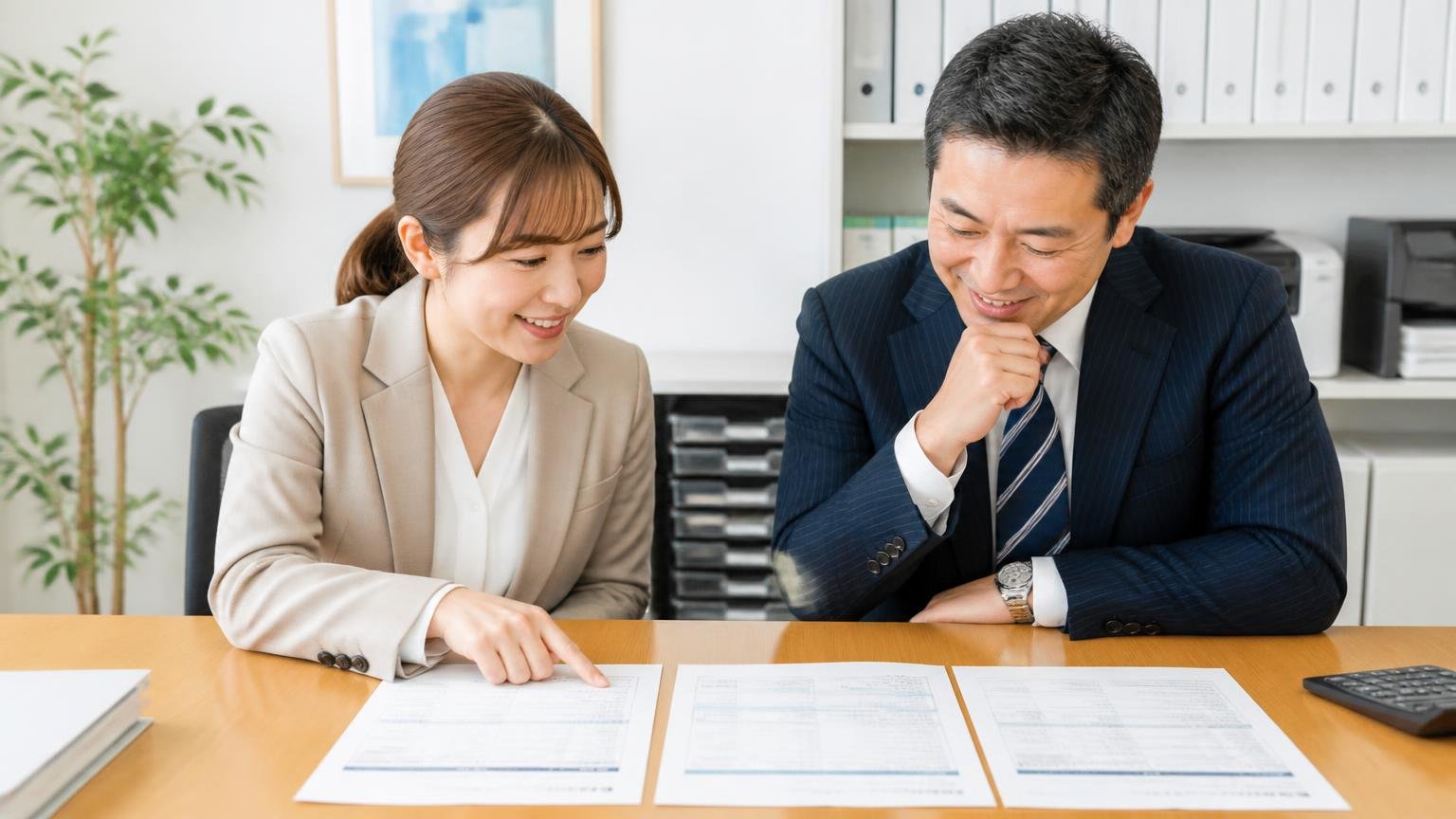 2〜3社の見積もりを横に並べる手順 事務所のテーブルで見積書を並べて比べる女性事務員と男性社長の2人が納得した表情