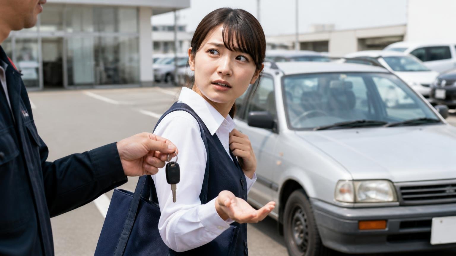 おまけと本体を分けて見る話。店舗の駐車場で古い代車の鍵を受け取り困った顔で振り返る事務服の女性1人