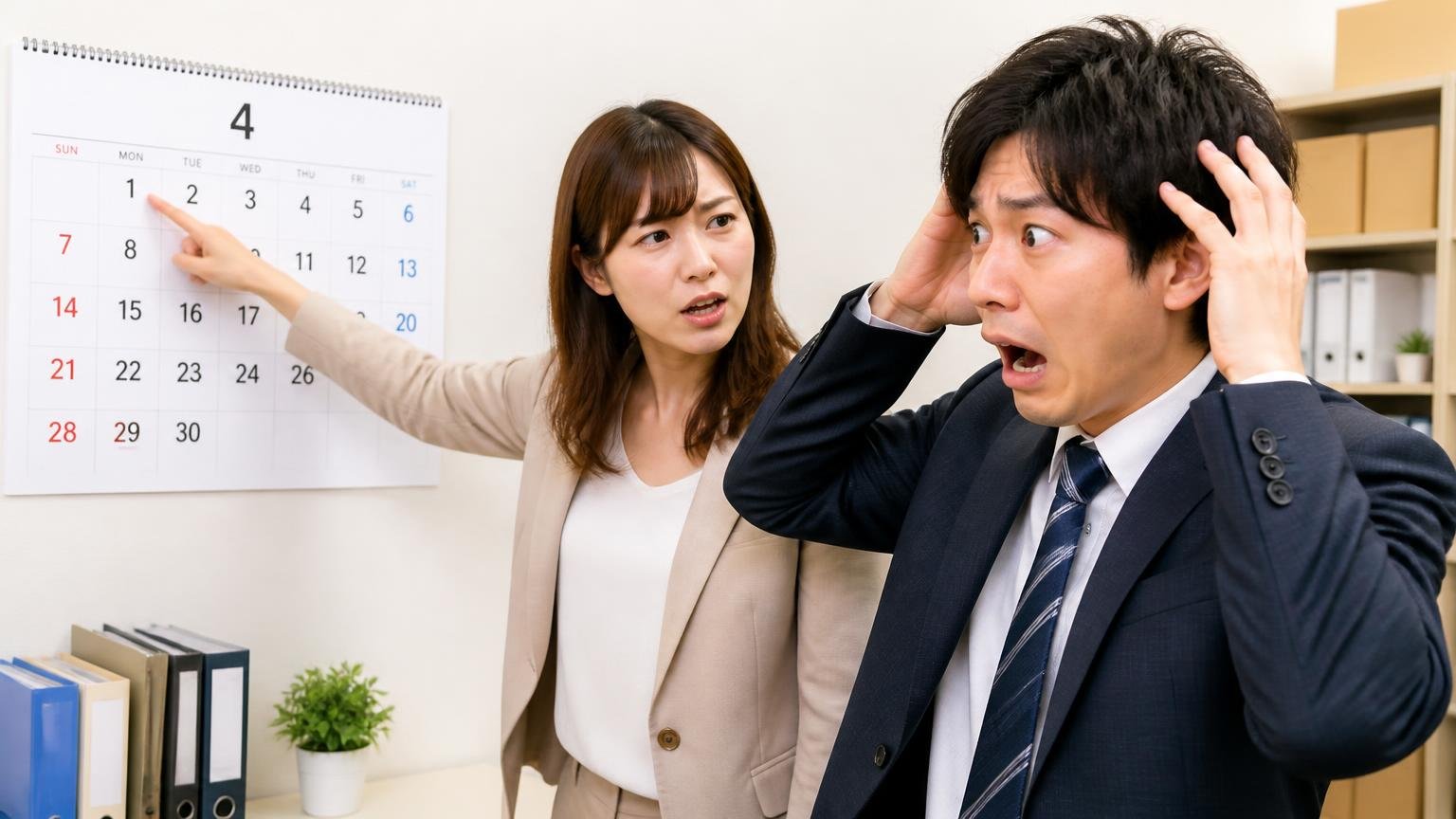 売る時期は4月1日と車検の残りを意識する、事務所の壁のカレンダーを指さす30代女性と慌てる20代男性