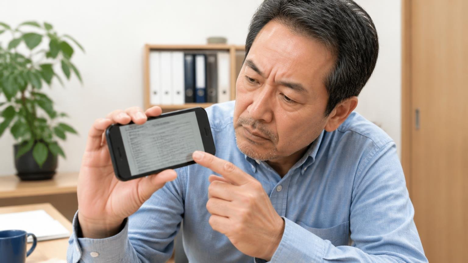 古物商許可番号と会社情報が公開されているか|事務所でスマホに映る業者の会社概要を拡大して確認する50代男性