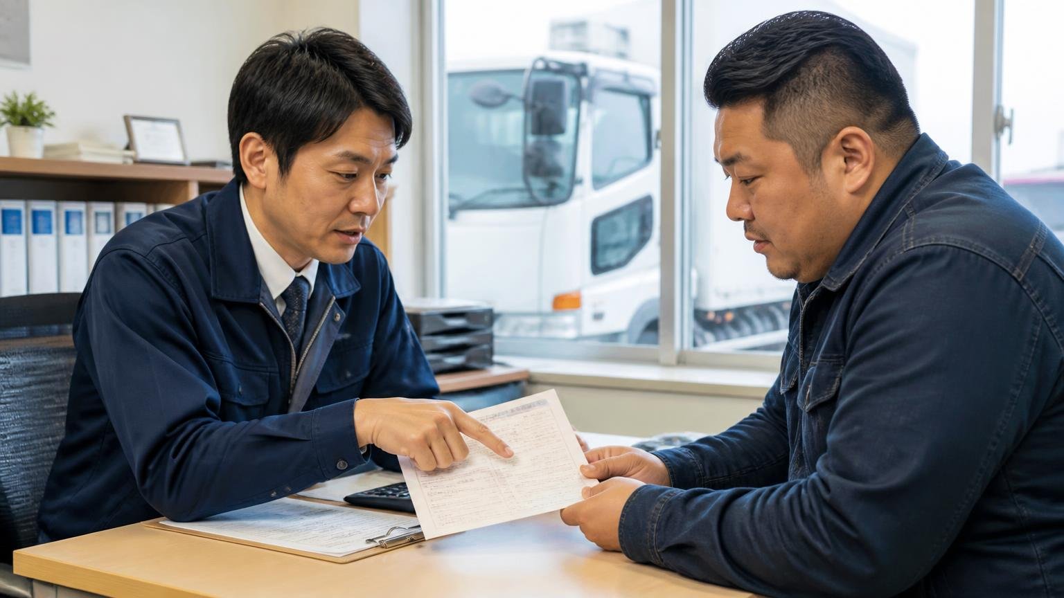 名義変更の完了時期と自動車税・リサイクル料金の扱いを確認する 事務所でトラックの車検証を確認し合う査定士と経営者の男性2人