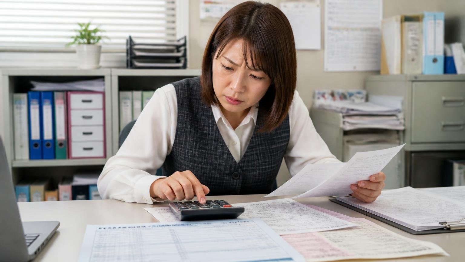 税金・自賠責・リサイクル料金の扱いを確かめない、事務所でトラックの車検証と納税通知書と見積書を机に広げて電卓をたたく女性事務員1人