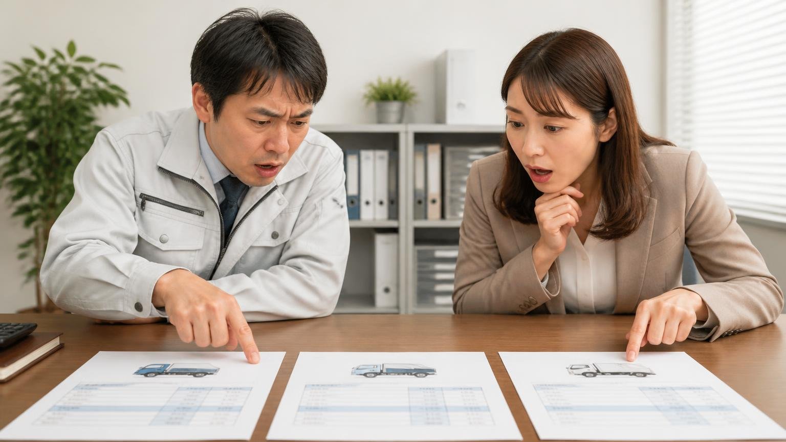 地元1社＋全国対応1〜2社｜同じ週に金額を横に並べる｜事務所の机にトラックの見積書3枚を並べて見比べる男女2人