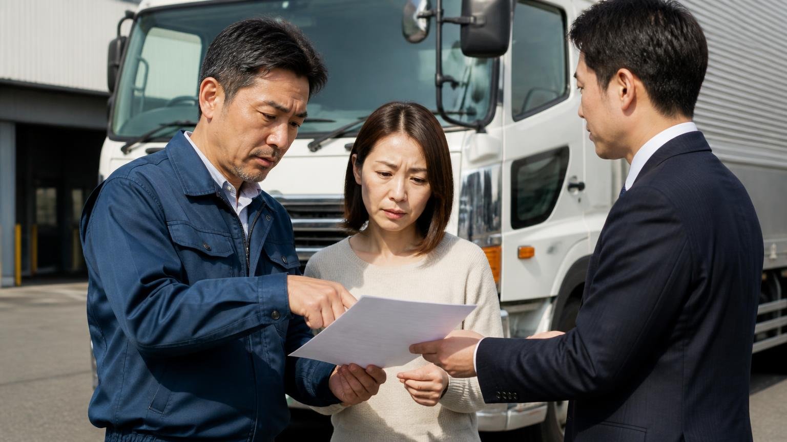 見積書は書面でもらう、トラックの前で査定員から受け取った見積書を指さして確認する運送会社の社長と奥さん