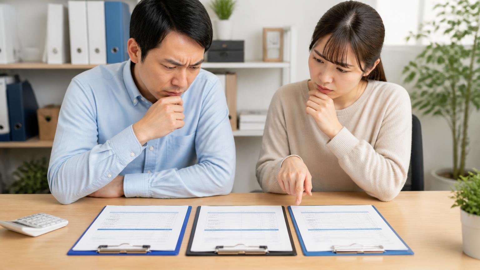地元1社+全国対応1〜2社|同じ週に金額を横に並べる|事務所の机に3枚の見積書を並べて見比べる男性1人と女性1人