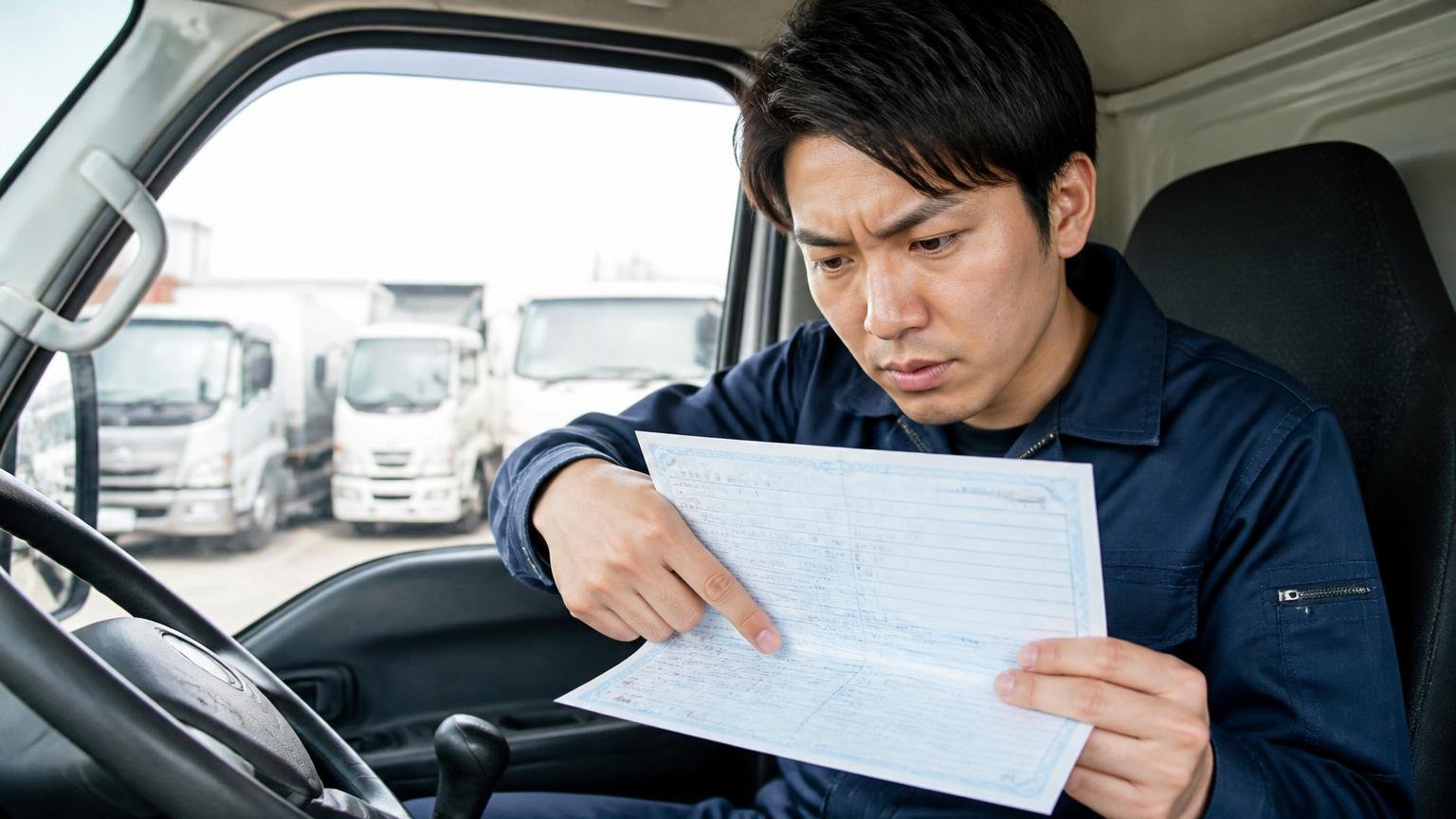 ローンが残っているトラックは、先に車検証の所有者欄を確認する トラックの運転席で車検証を広げて所有者欄を指さす若い男性ドライバー