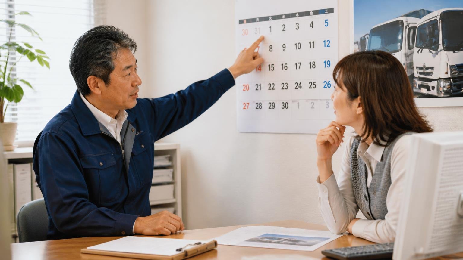 売る時期は「4月1日」と「登録から11年」を目安に逆算する 事務所の壁のカレンダーを指さしながらトラックの売却時期を相談する社長と事務員