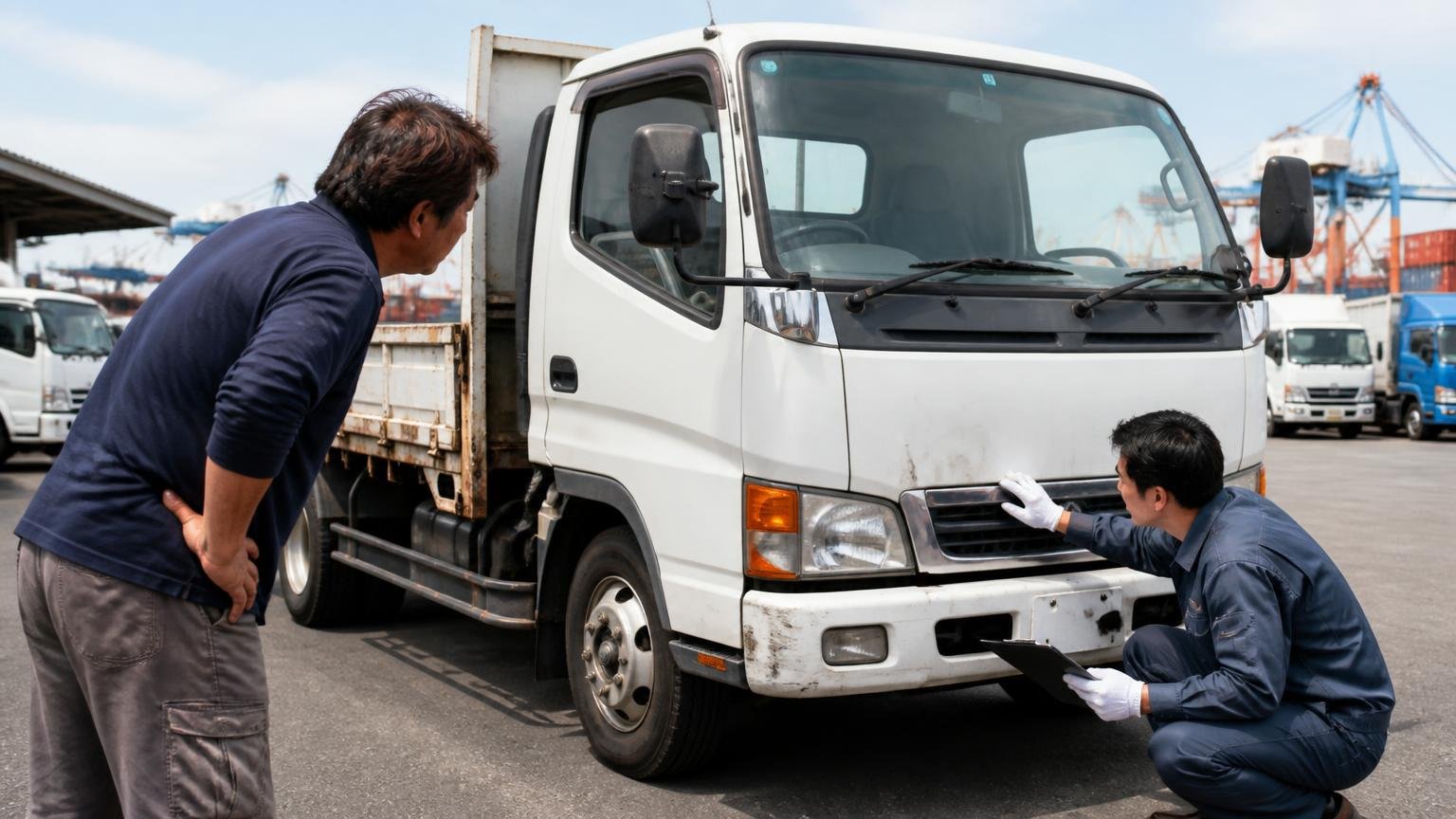 規制にかかる年式のトラックは県外や海外に売り先を持つ業者にも見せる 港に近い買取店の敷地で古い4tトラックを査定士に見てもらい身を乗り出す男性