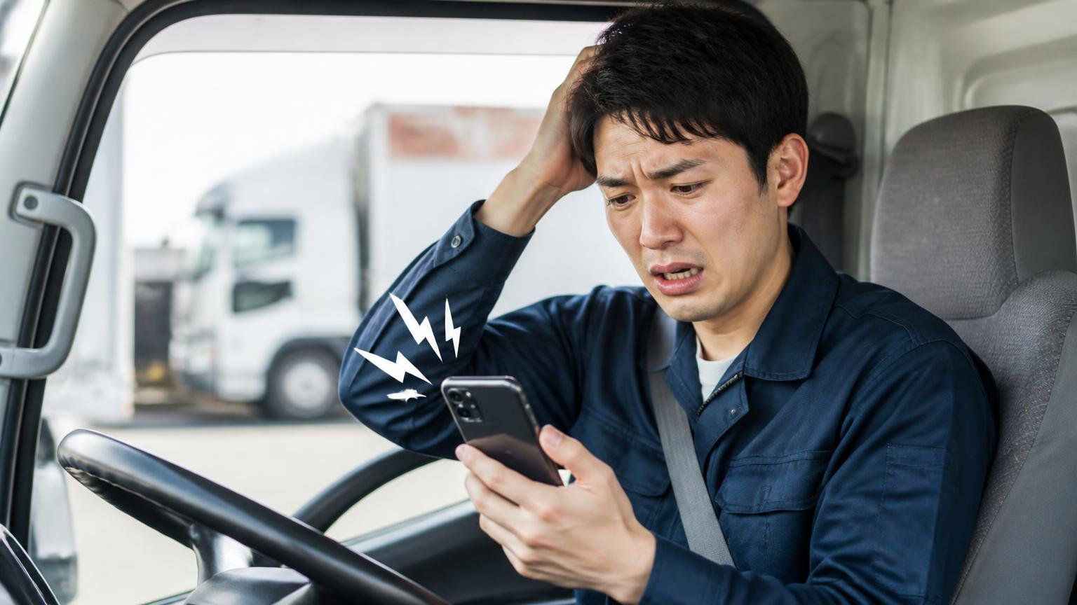 営業電話を増やしたくないなら申し込む先を自分で決める(トラックの運転席で鳴り続けるスマホを見て困った顔をする20代男性1人)