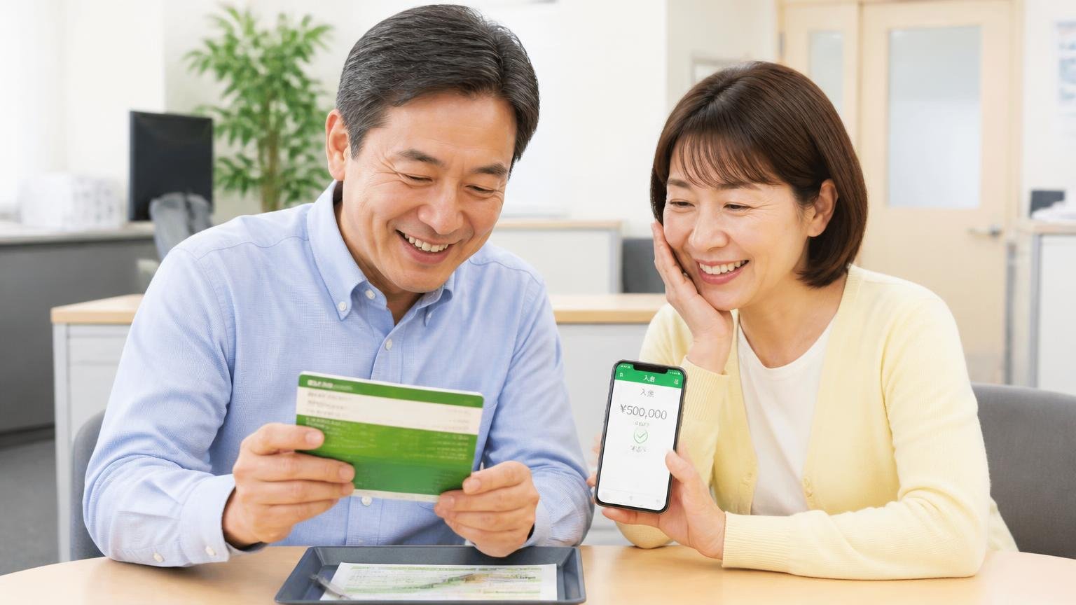 入金日と支払い方法を契約前に決めておく 営業所の事務所で通帳とスマホの入金画面を見比べてほっとする夫婦2人