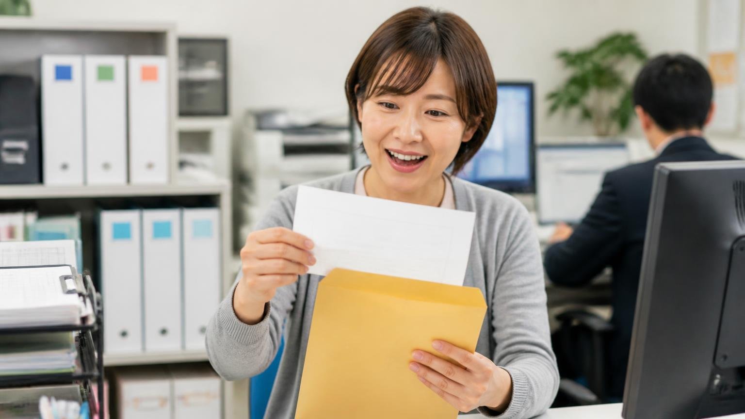 名義変更の完了書類を受け取るまでが売却、事務所の机で届いた封筒から書類を取り出しほっとした表情の女性事務員