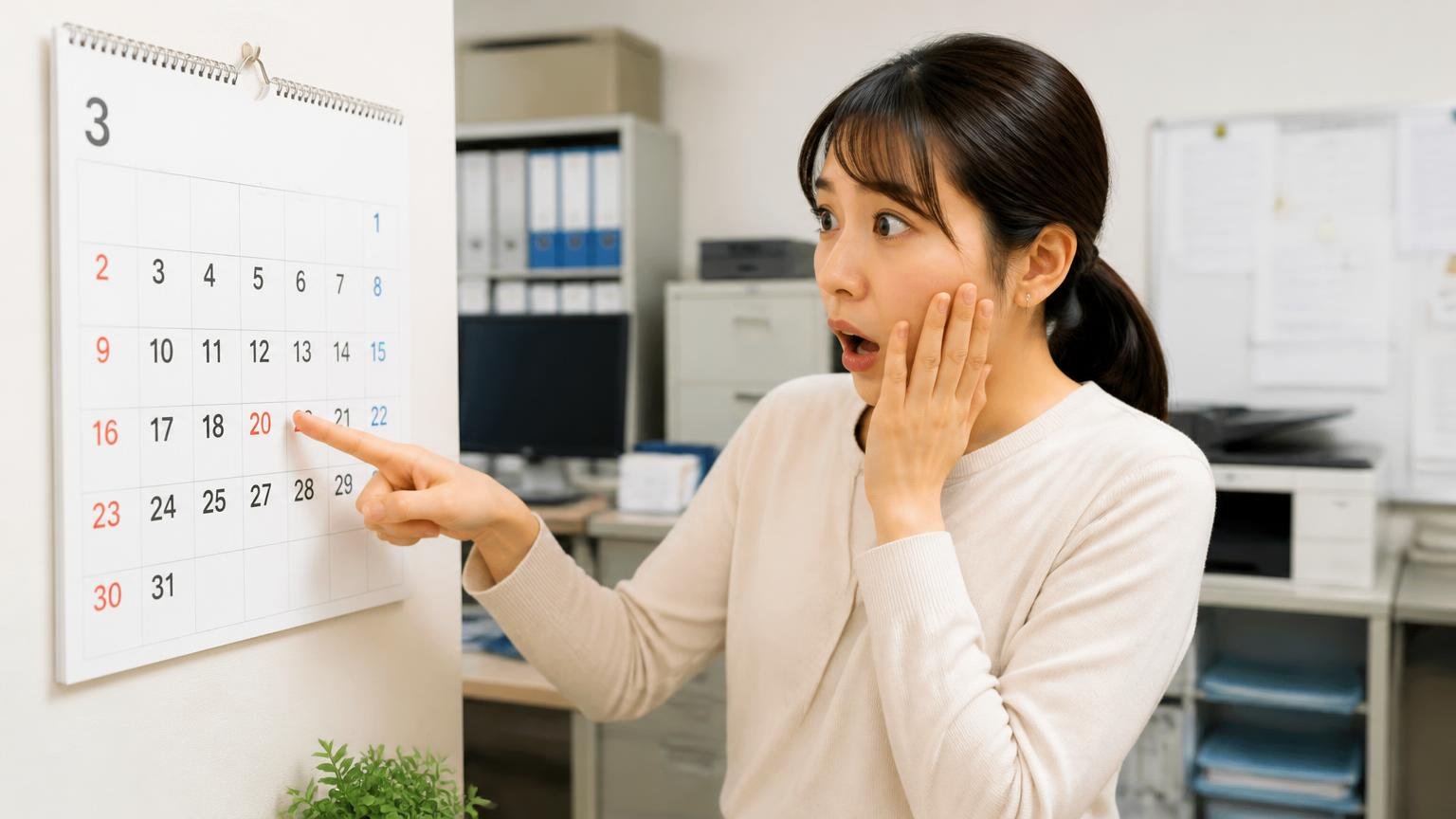 「年度末」と「使わなくなった時点」を売り時の目安にする、事務所のカレンダーの3月を指さしてハッとする女性
