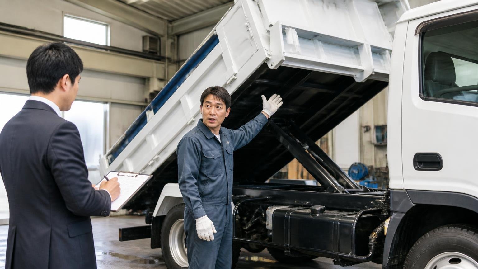 洗車・整備記録簿・架装の作動確認で「減点されにくい状態」にする、車庫でダンプの荷台を上げて見せる男性と査定員