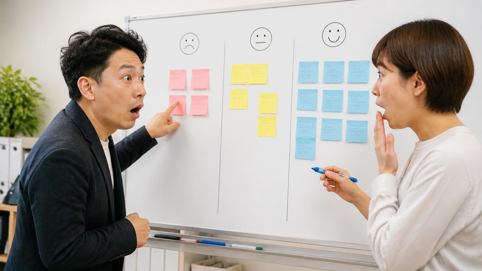 悪い口コミ4件に査定額への不満が1件もないと気づく場面を事務所のホワイトボードの前で口コミを分類する2人の場面
