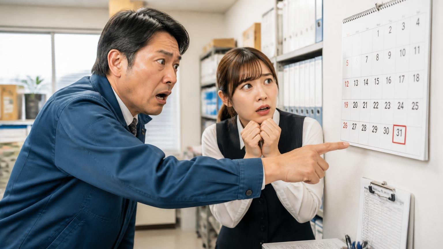 3月に売るなら名義変更の完了日に注意｜年度末の事務所で壁のカレンダーの3月31日を指さし、焦った表情で相談する運送会社の社長と事務員