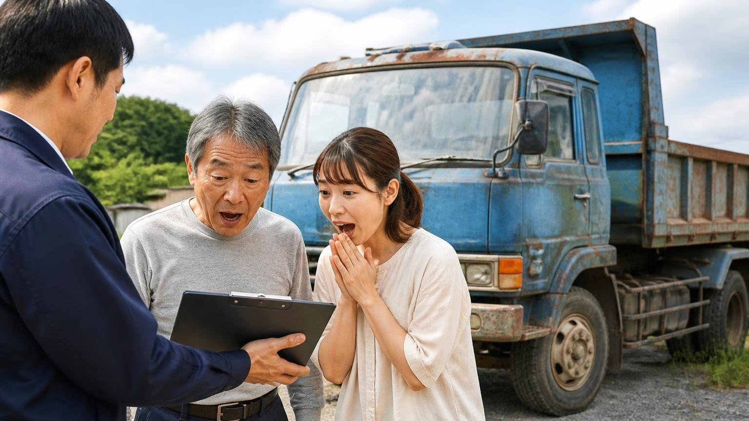 古い・過走行・不動のトラックでも処分と決めつけない、空き地に停まる古いダンプの前で査定額を聞いて驚く60代男性と娘