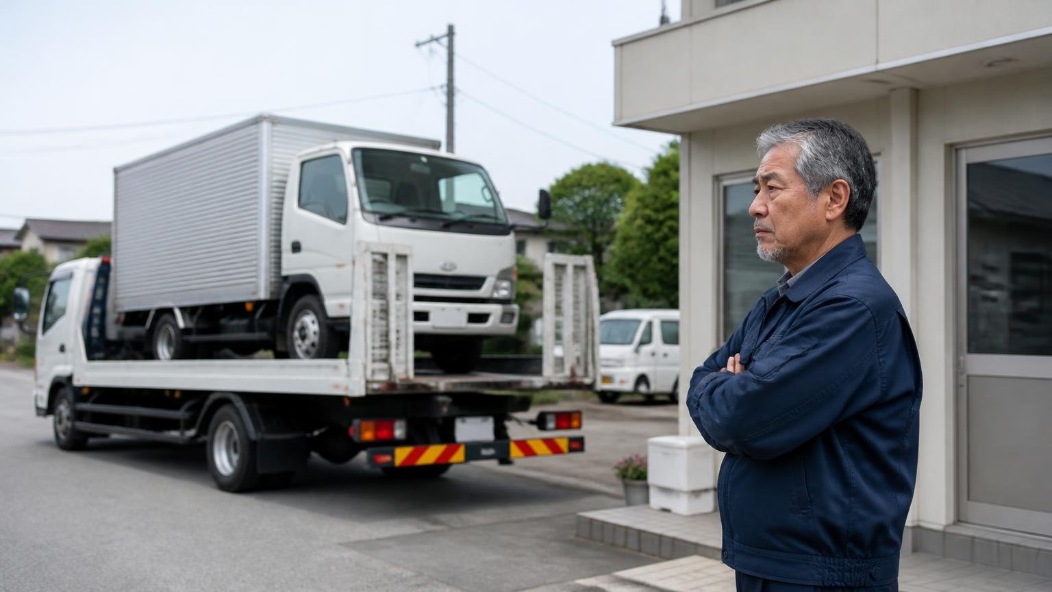 名義変更の完了を確かめないまま引き渡す、積載車に載せられて運ばれていくトラックを営業所の前で見送りながら不安そうに腕を組む年配の男性1人
