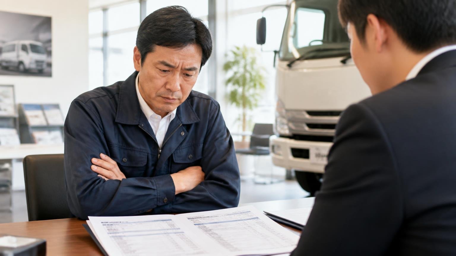 1社だけで即決しない。下取りも「比べてから」決める ディーラーの商談席で下取りの見積書を前に腕組みして考えるトラック運送会社の社長