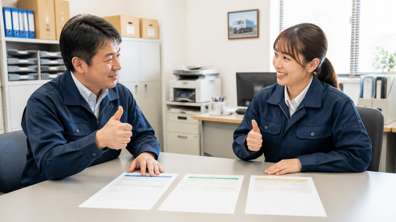 口コミから分かった結論。運送会社の事務所の机に並べた3枚の見積書を前に、納得した表情で頷き合う男女2人