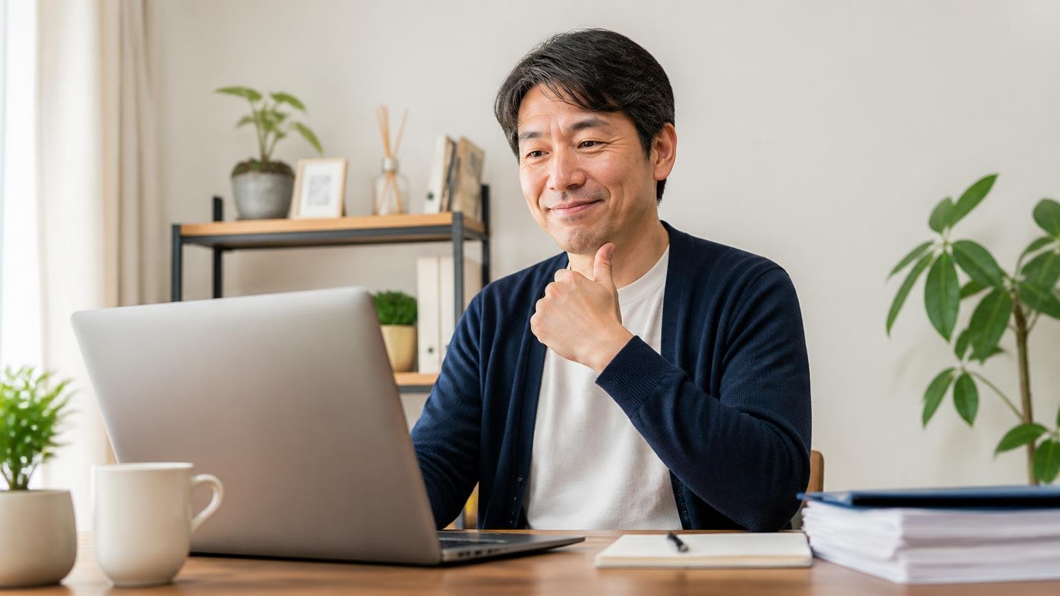 古物商許可と会社情報をチェックする、パソコンで買取業者の公式サイトの許可番号を確認してうなずく40代男性