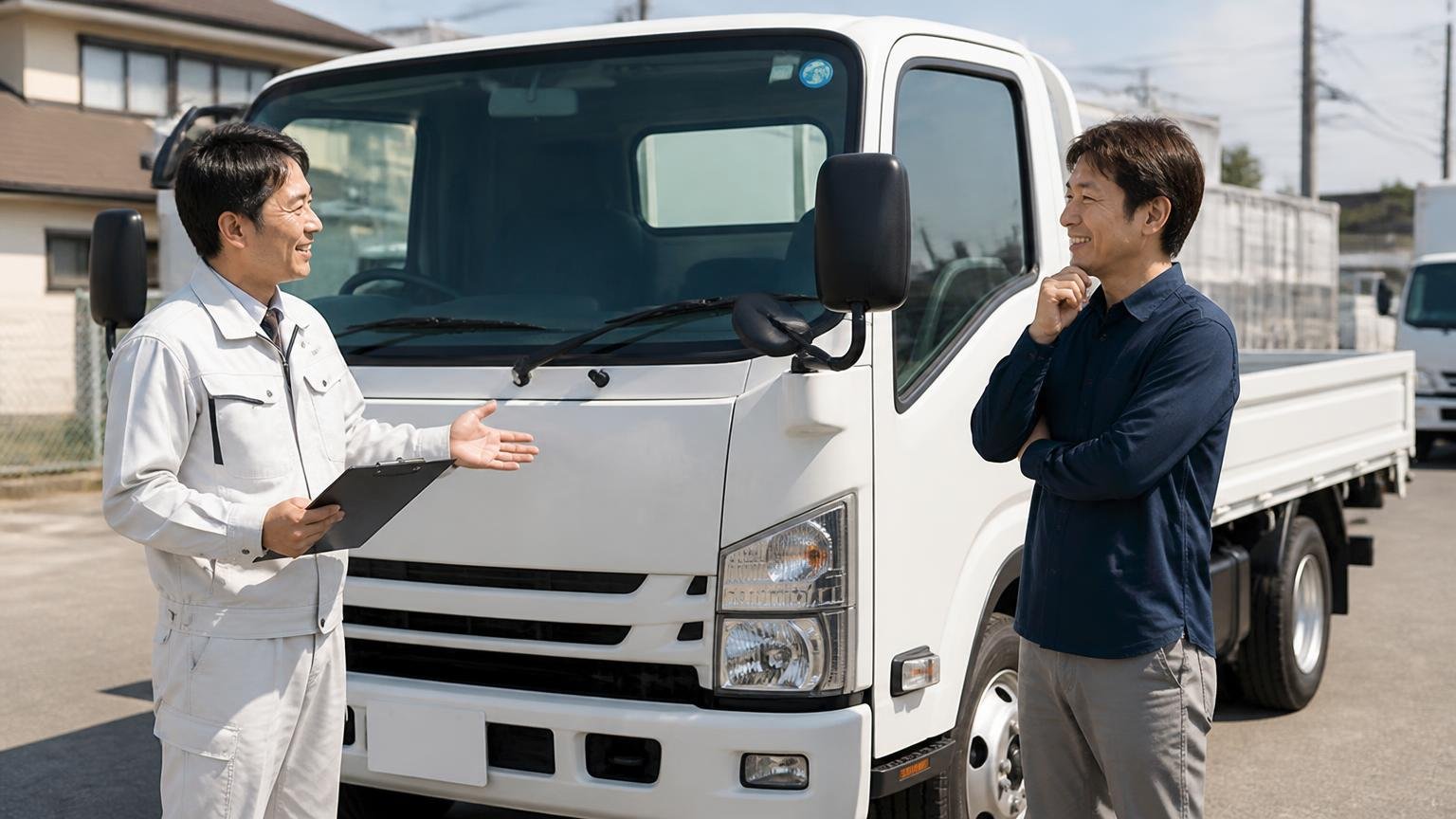 電話対応と納車時の説明が丁寧だった様子を納車されたばかりの2tトラックの前で笑顔で説明を受ける買主1人と担当者1人の場面