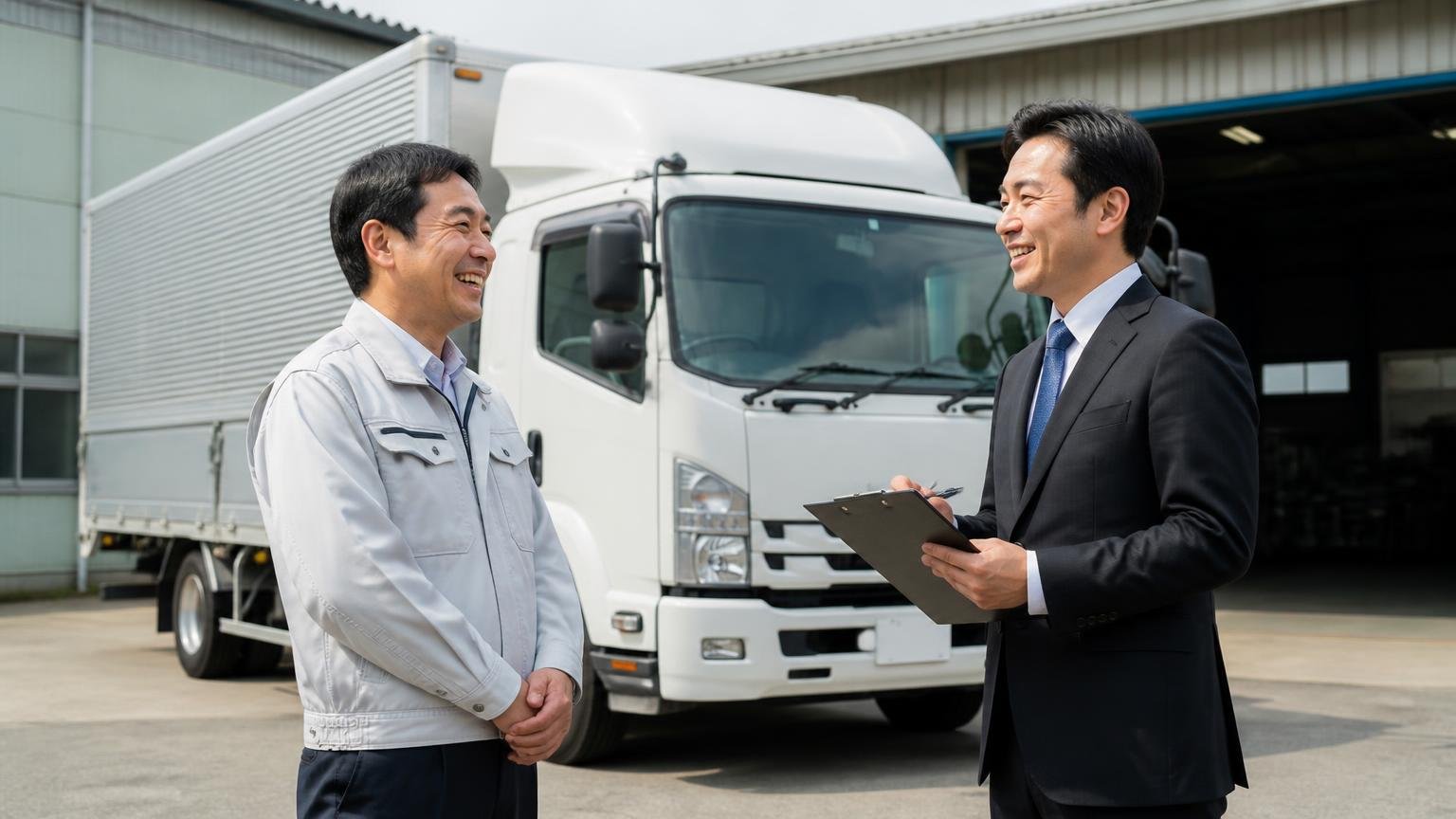 向いている可能性が高い人｜営業所の車庫に停まった4tウイングの前で査定士と経営者が笑顔で話す