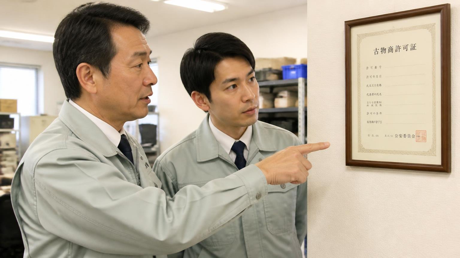 許可番号の意味 事務所の壁に掲示された古物商許可証を指差して説明する作業着の男性2人 真面目な表情