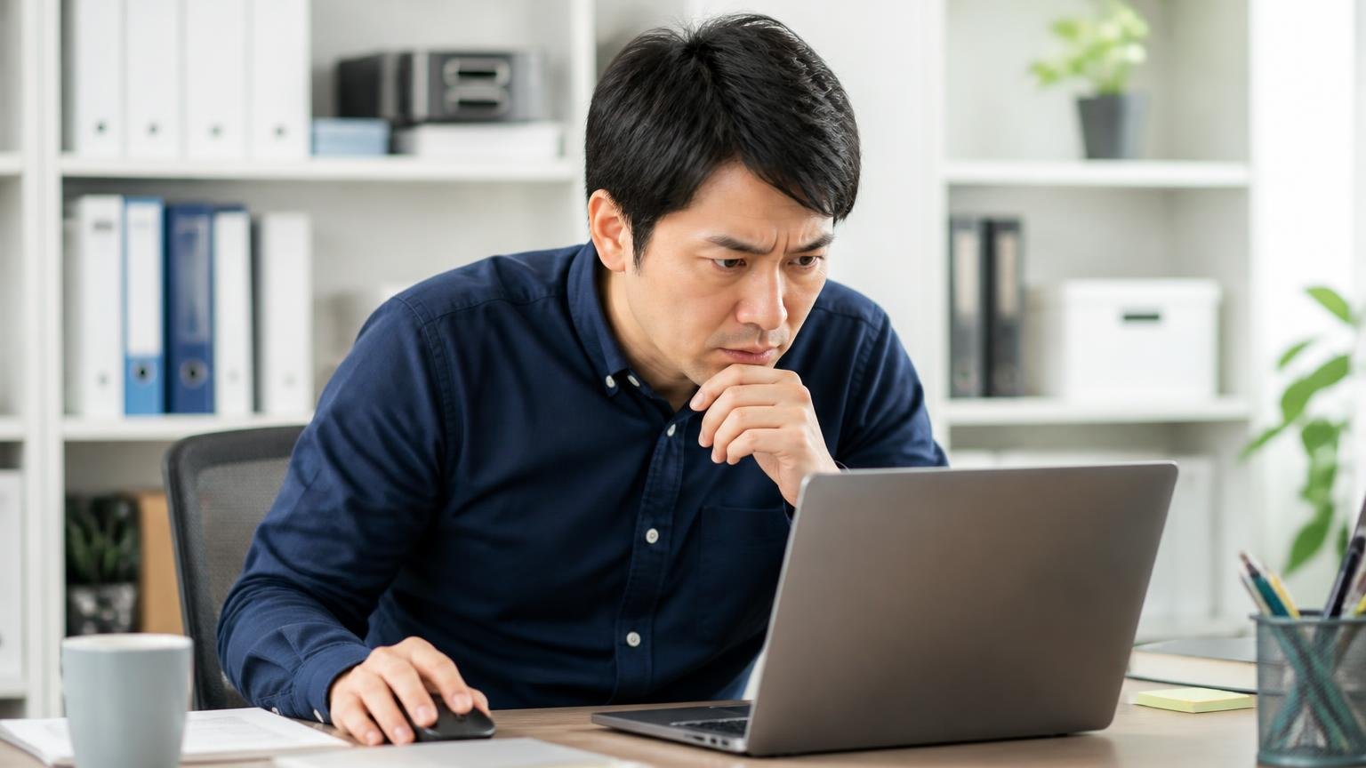 申込フォームの必須項目は9つ。事務所でパソコンの申し込みフォームを入力する男性が画面をのぞき込む場面