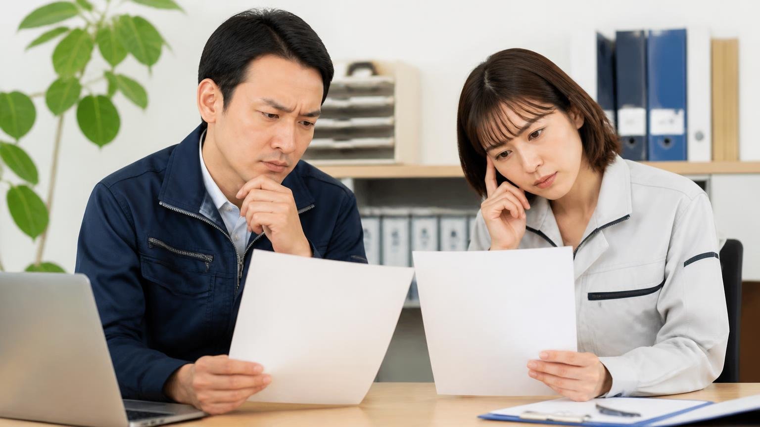 査定額が妥当か確かめる比較相手を選ぶ。事務所の机に並べた2枚の見積書を男性と女性が見比べる