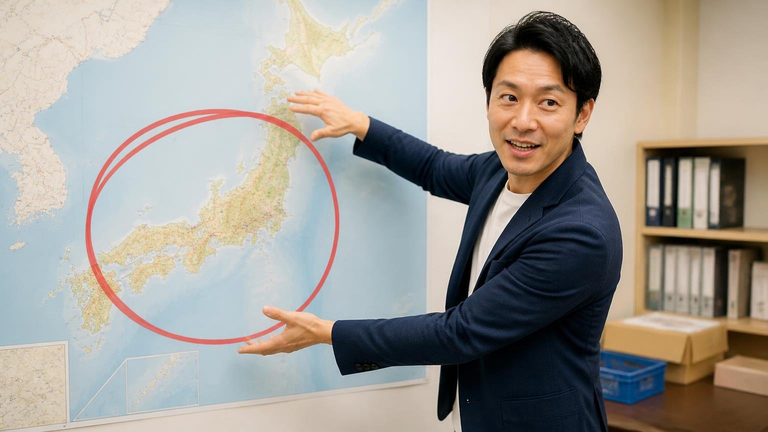 買取は近畿圏が中心で全国対応はご希望があればという条件／事務所の壁の地図の前で範囲を指し示す男性1人／手で大きく円を描く