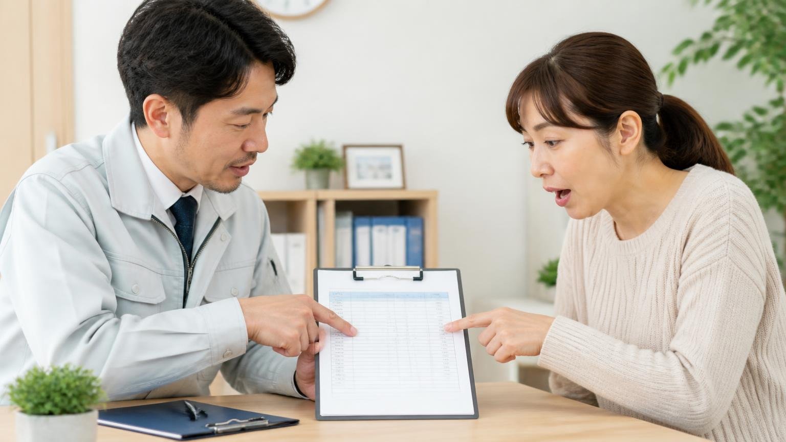 査定料・出張費が無料と明記されているか・事務所で見積書を指さす男女2人が確認し合う