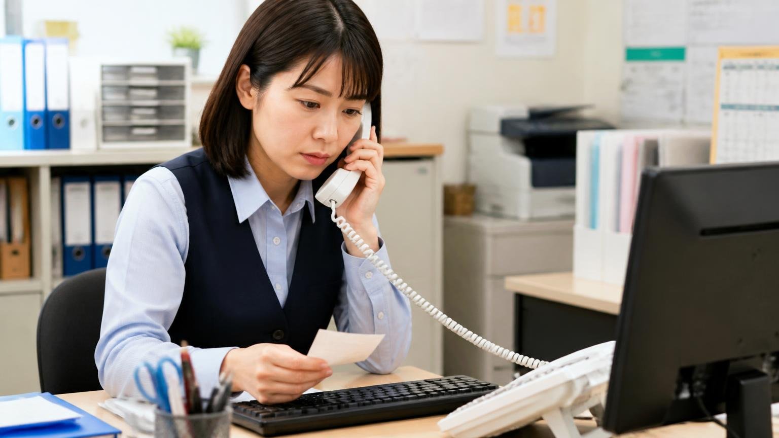 電話で確認しておきたい5つの質問 営業所の事務机でメモを見ながら電話をかける女性事務員1人が真剣な表情