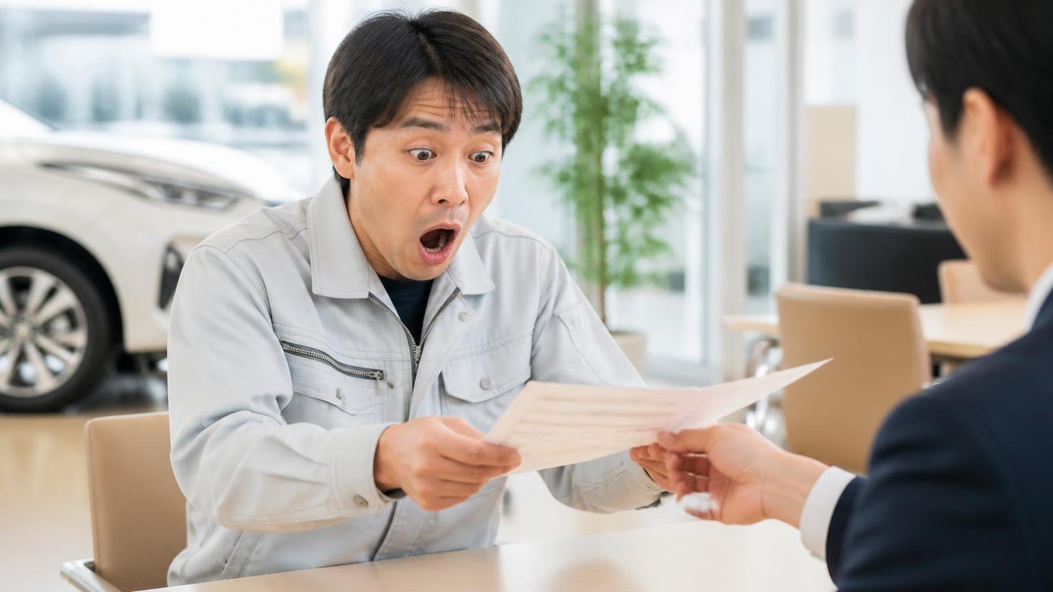 ★の数と「対応の良さ」だけで1社に決めてしまう ディーラーの商談机で下取りの紙を受け取る作業着の男性1人、がく然と口を開ける