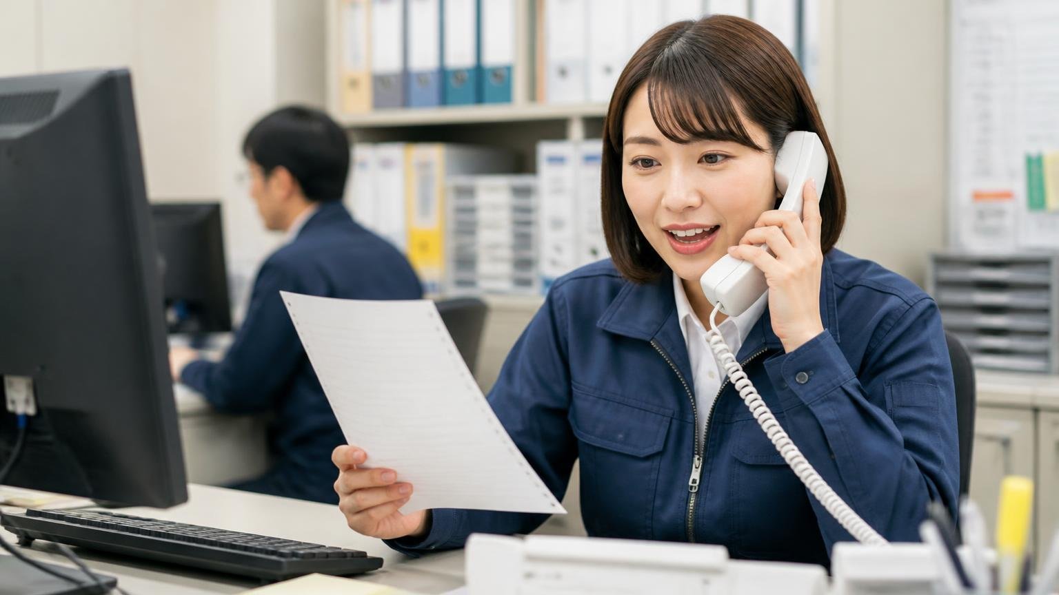 電話や問い合わせで聞いておきたい5つのこと 運送会社の事務所で質問メモを見ながら受話器を持つ女性事務員1人、はきはき話す表情