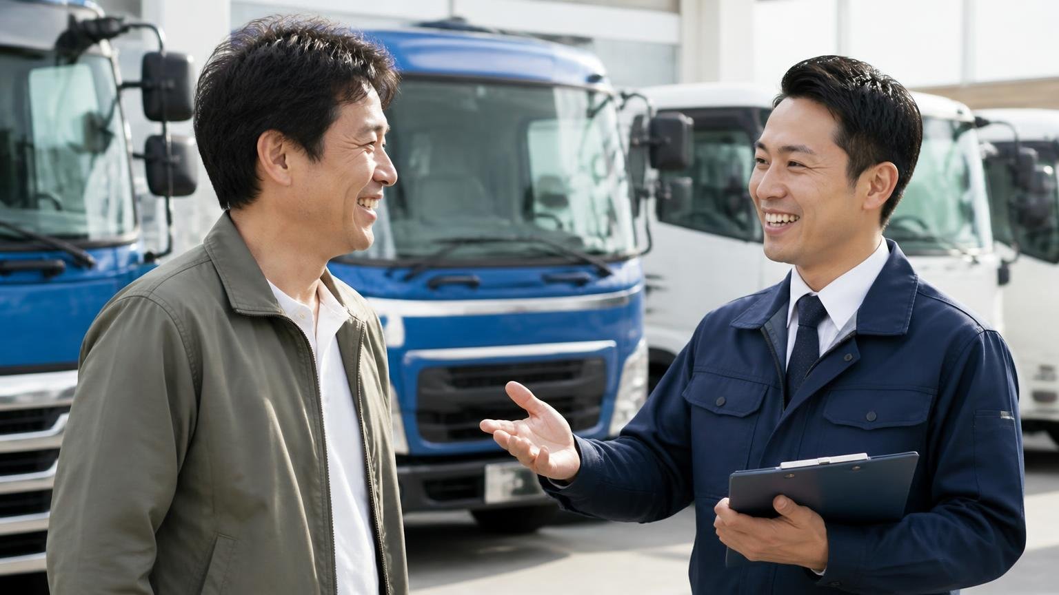 向いている人|拠点が近く、次の1台や整備まで相談したい人 展示場で次のトラックを店員に相談する男性、合わせて2人、明るい笑顔