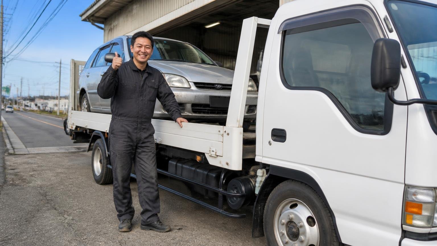 向いている人|新潟市近郊で持ち込みできる・地場に車両を任せたい・不動車や過走行車も相談したい、国道沿いの店舗に2t平ボディで乗りつける男性1人が笑顔