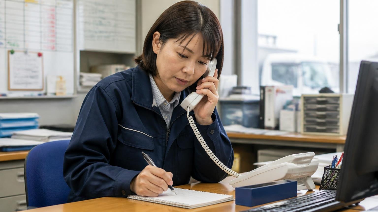 査定で必ず聞く7項目、運送会社の事務所で受話器を持ちメモ帳にチェック項目を書き込む事務担当の女性1人が真剣な表情
