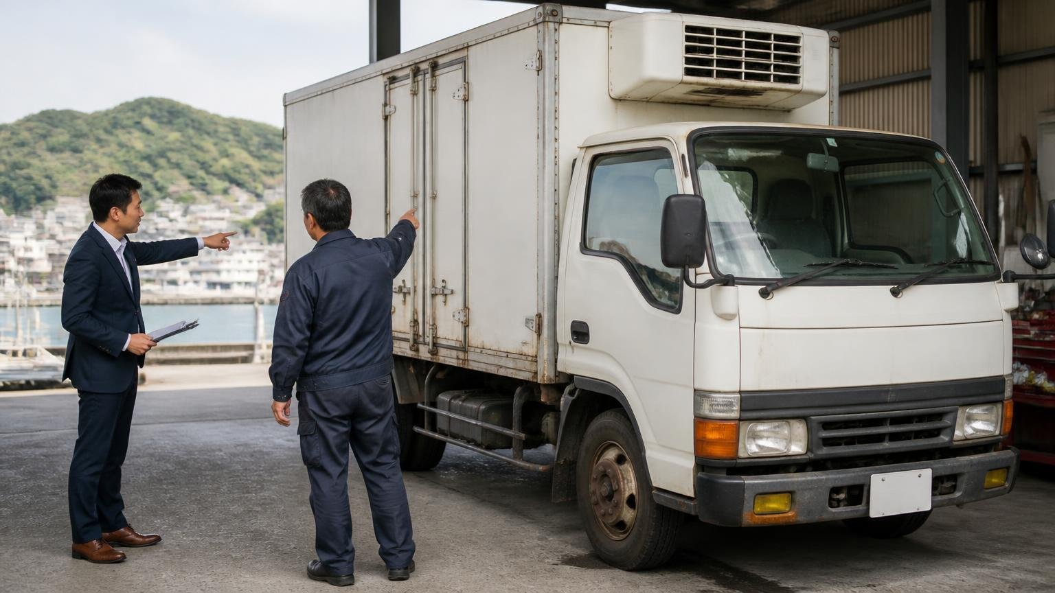 向いている人。広島近郊で、部品の目でも見てほしい1台がある。車庫に停まった年式の古い冷凍車の前で査定士と運送会社の社長の2人が荷台を指差し相談する