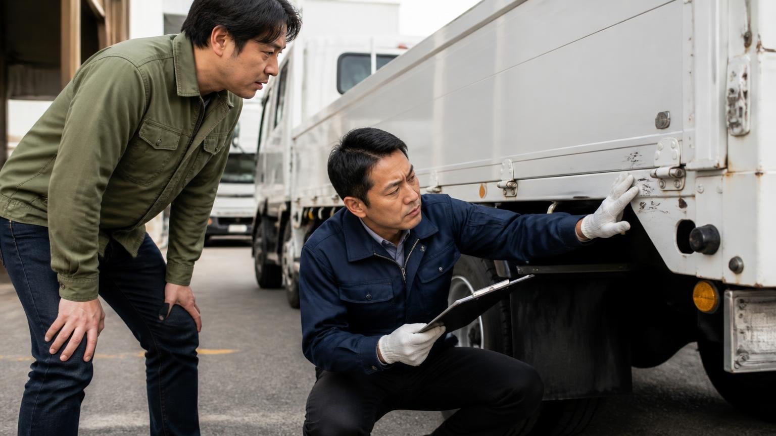 ①減額の条件｜電話の概算は「現車を見ていない数字」 車庫でトラックの荷台の傷を確認する査定士1人と依頼主1人が真剣