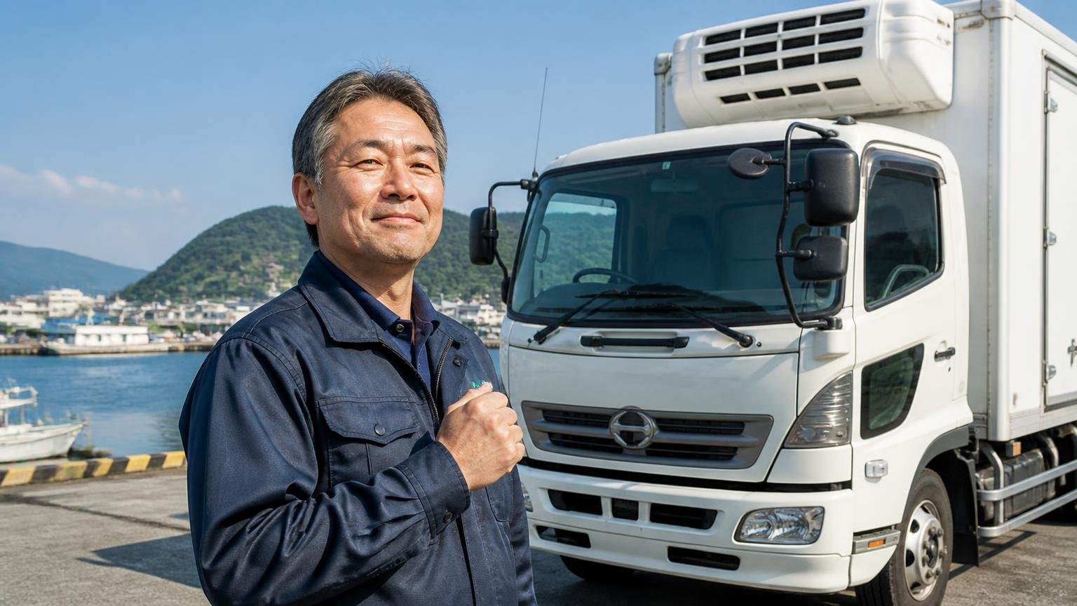 愛媛県内で現車を見てもらい整備・レンタルまで地元で完結したい人|港町の運送会社の車庫で冷凍車の前に立つ50代男性1人が満足そうに頷く