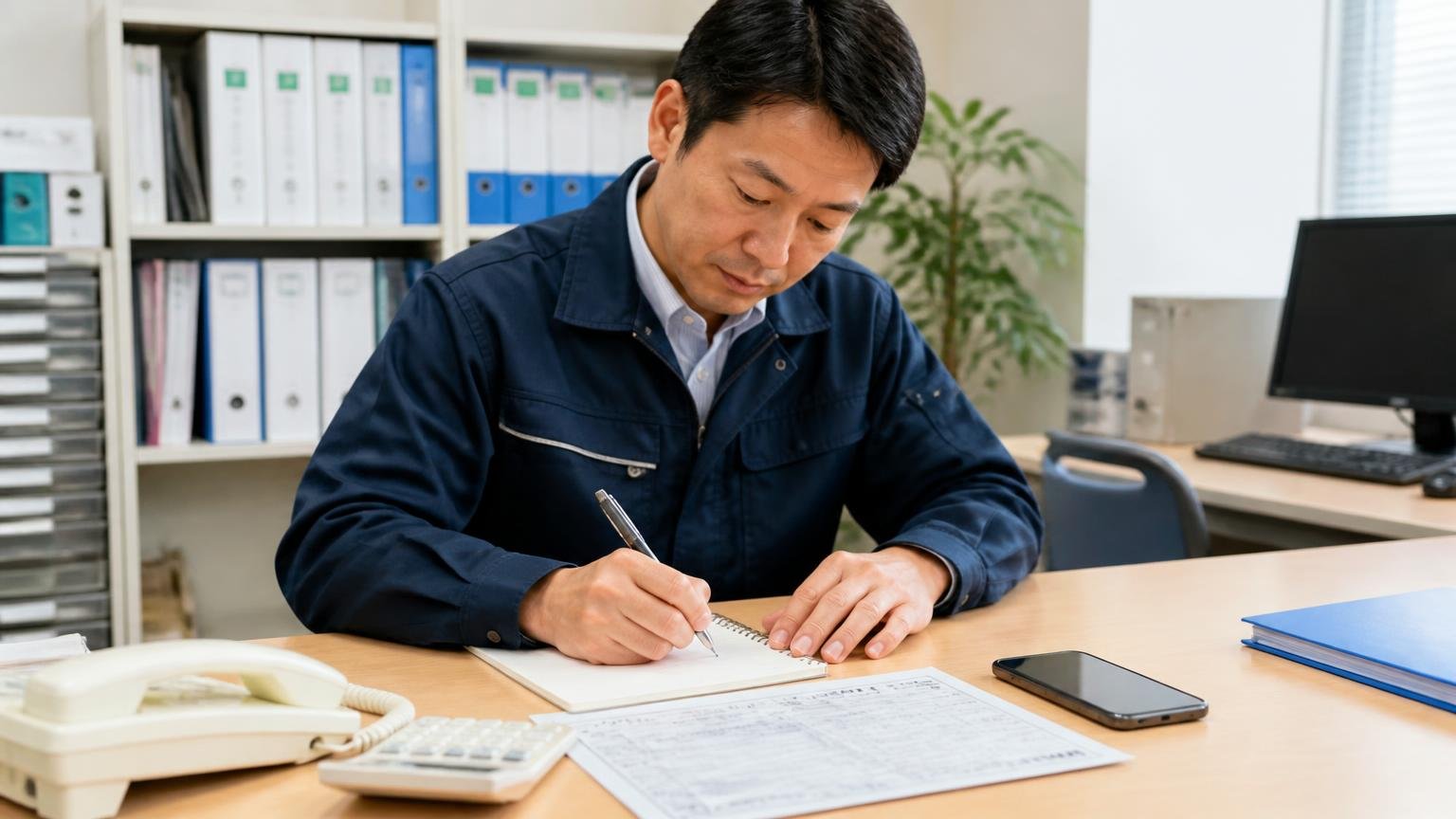電話をかける前に用意するもの、事務所の机で男性が車検証とスマホを並べてメモを取る場面